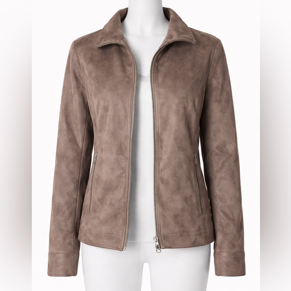 H&M Faux Suede Zip Jacket Women's Medium Brown Taupe Minimalist Moto Style‎